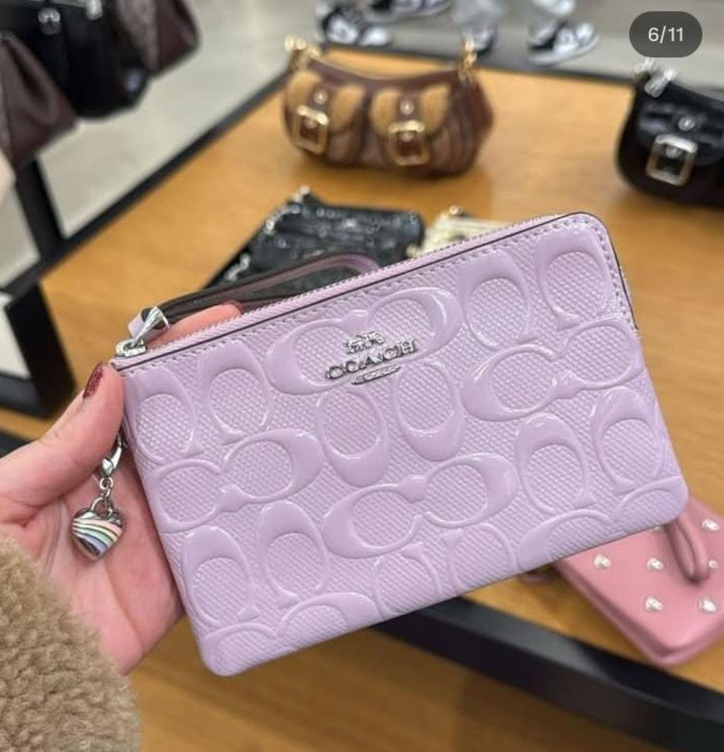 Corner Zip Wristlet In Signature Leather With Heart Charm purple