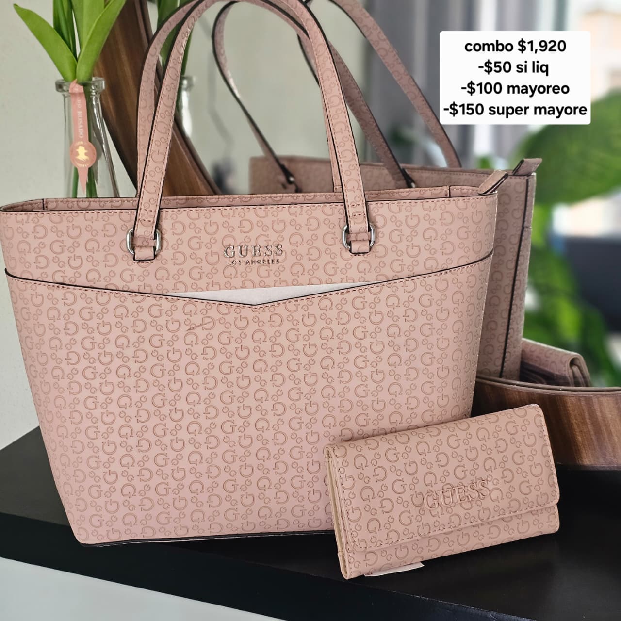Set bolsa tote con cartera rosa piel