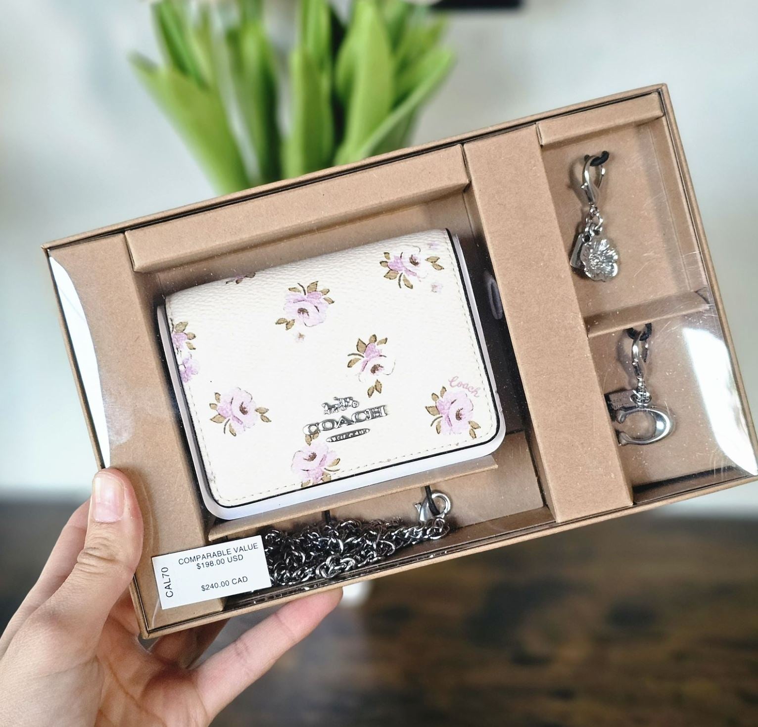 Coach Women's Boxed Mini Wallet On A Chain With Floral Print Silver/Chalk Multi